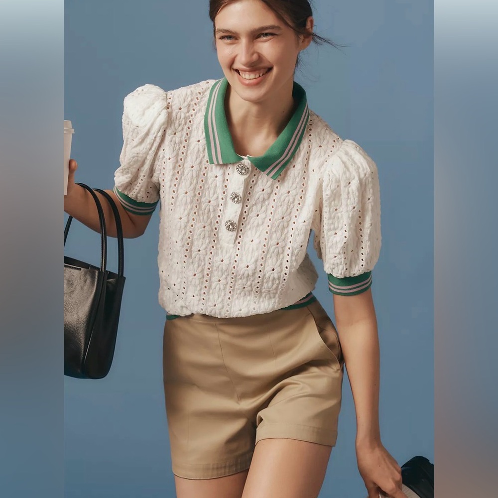 Maeve White Eyelet Polo Blouse with Green Trim